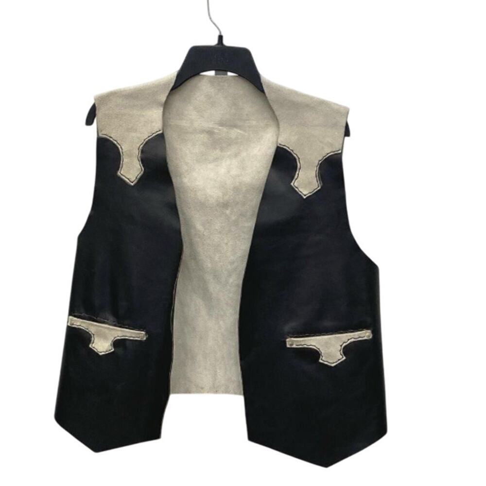 Handmade Leather Suede Vest Black Tan Western Festival Oversized 20